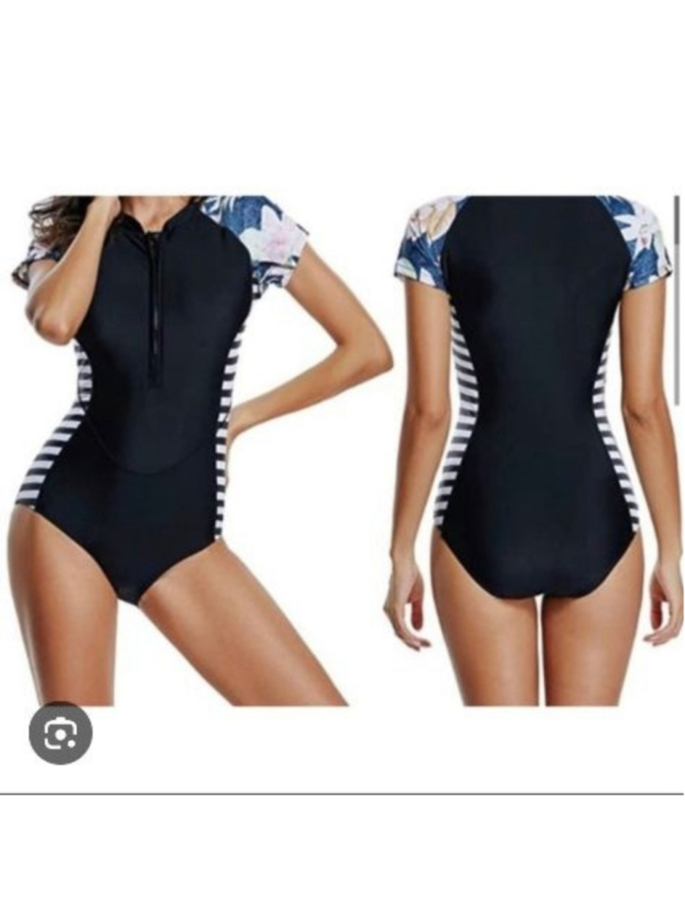 New Women's Black and White Striped Floral One Piece Swimsuit M Zipper Bodysuit